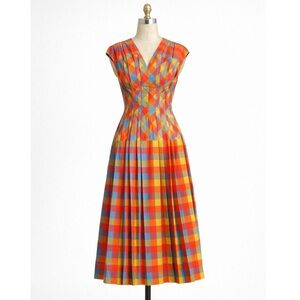 Tory Burch Multicolor Plaid Clare McCardle Pleated Corset Waist Midi Dress